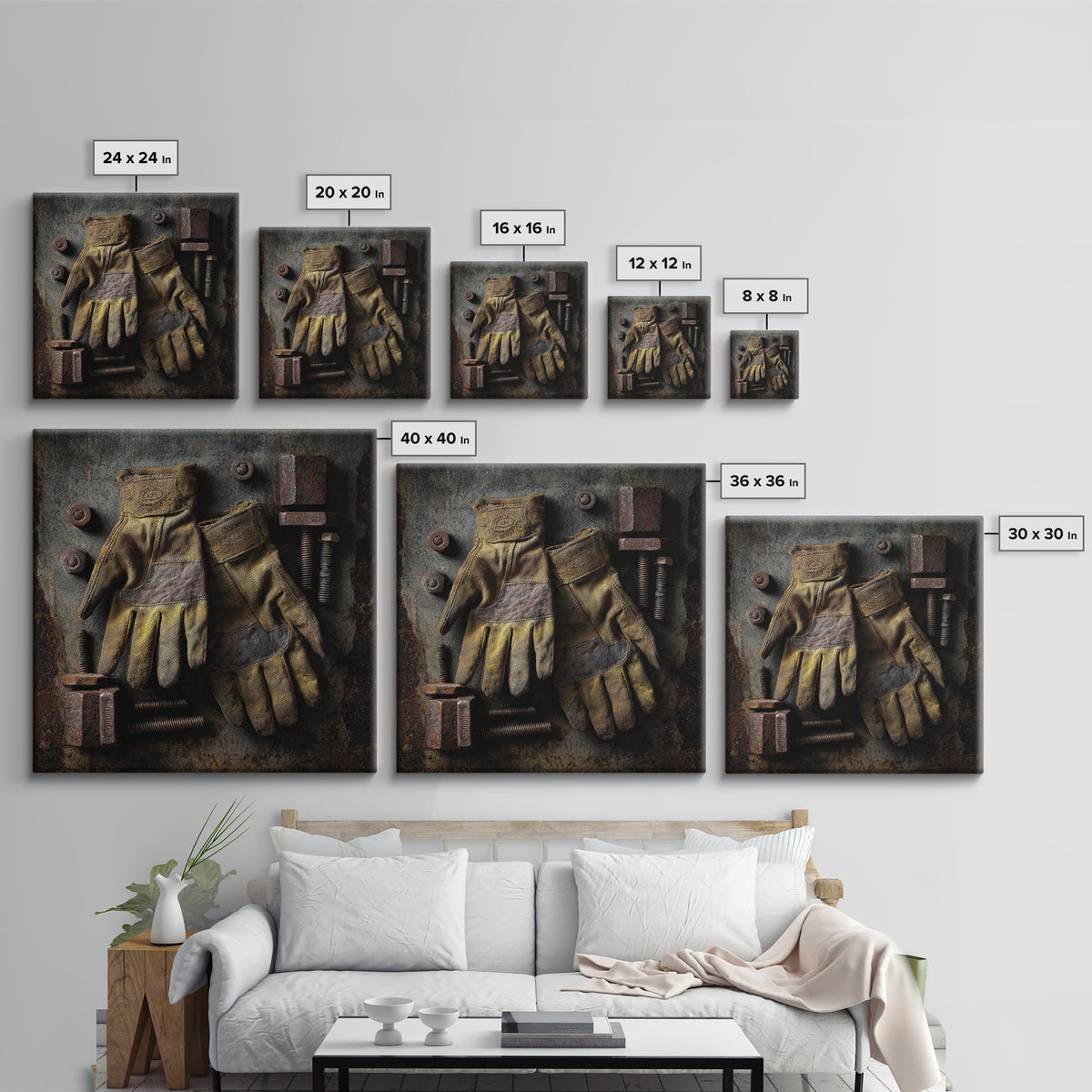 Worn Work Gloves and Bolts Arrangement Canvas Print, Industrial Art, Rustic Home Decor, Living Room Decor, Fine Art, Foundry, IND-1x1-18