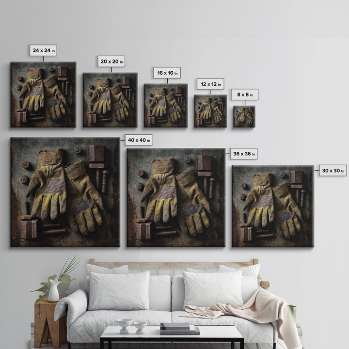 Worn Work Gloves and Bolts Arrangement Canvas Print, Industrial Art, Rustic Home Decor, Living Room Decor, Fine Art, Foundry, IND-1x1-18