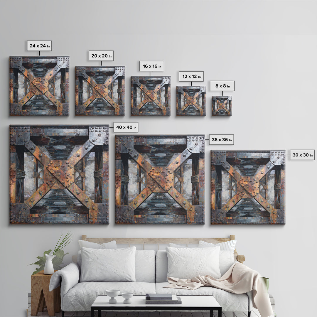 Steel Bridge Truss Framed Canvas Print, Industrial Art, Abstract Painting, Living Room Decor, Fine Art, Foundry, Neutral Decor, IND-1x1-27