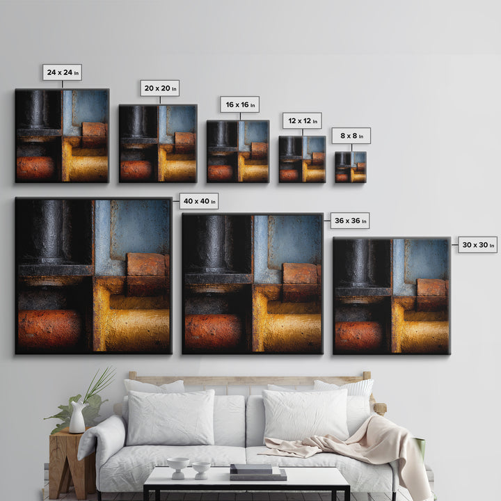 Metal Pipes and Valves as Graphic Composition Framed Canvas Print, Industrial Art, Gallery Decor, Living Room Decor, Foundry, IND-1x1-32