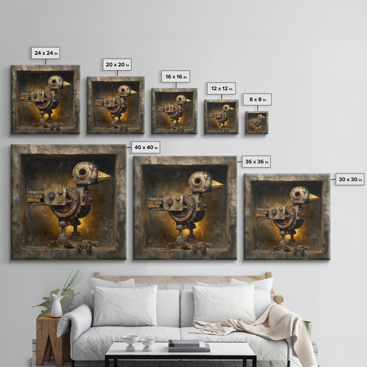 Mechanical Bird Made from Gears Framed Canvas Print, Industrial Art, Living Room Art, Living Room Decor, Oil Painting, Foundry, IND-1x1-43