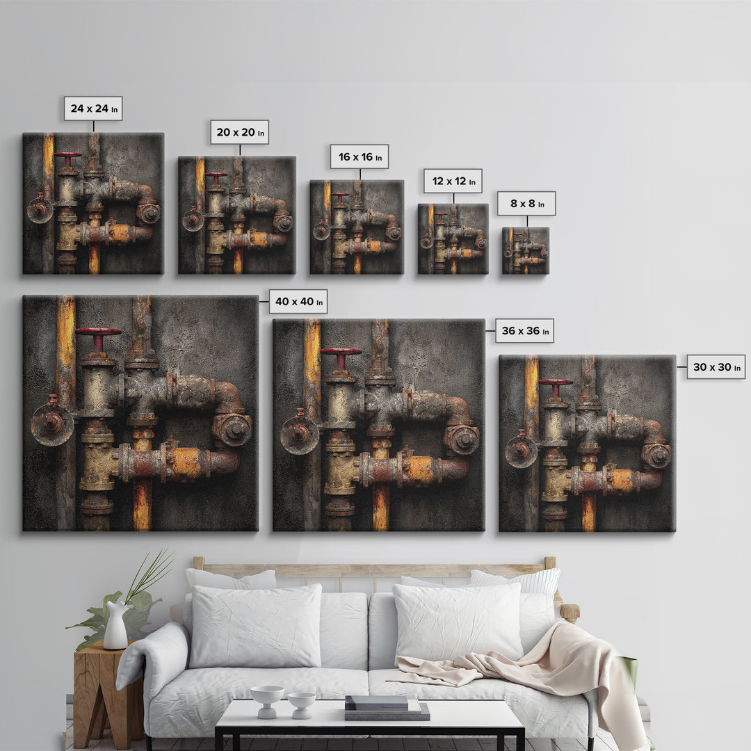 Metal Pipes and Valves as Graphic Composition Framed Canvas Print, Industrial Art, Wall Hanging, Living Room Decor, Foundry, IND-1x1-56