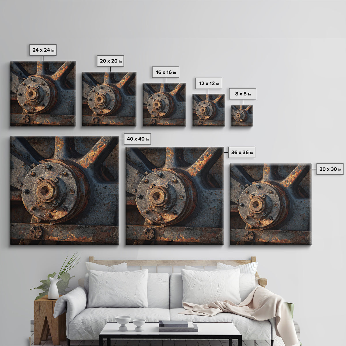 Steam Locomotive Wheel Closeup Framed Canvas Print, Industrial Art, Living Room Decor, Watercolor Art, Foundry, IND-1x1-6