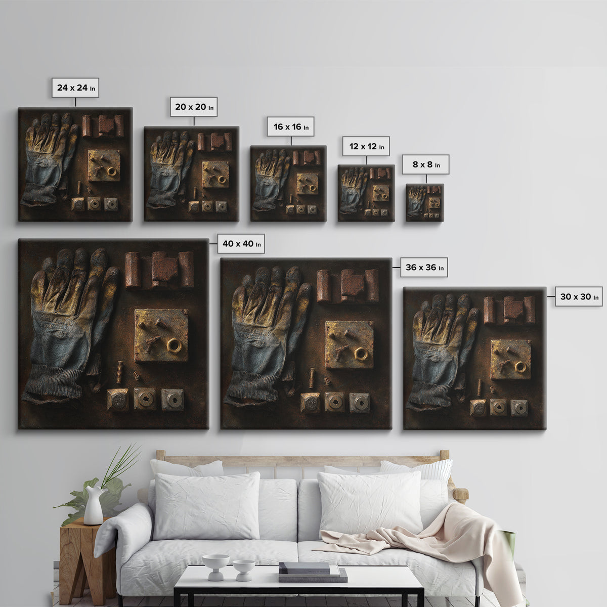 Worn Work Gloves and Bolts Arrangement Framed Canvas Print, Industrial Art, Texas Art, Living Room Decor, Abstract Art, Foundry, IND-1x1-66