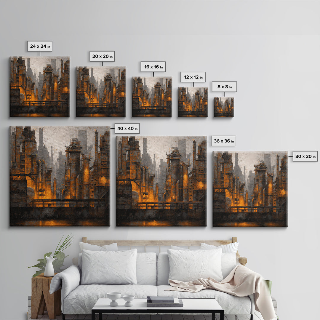 Industrial City Skyline Framed Canvas Print, Industrial Art, Bauhaus Poster, Living Room Decor, Fine Art, Foundry, IND-1x1-84