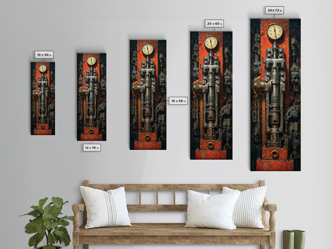 Brass Gauge and Machinery Still Life Canvas Print, Industrial Art, Textured Painting, Living Room Decor, Fine Art, Foundry, IND-1x3-49