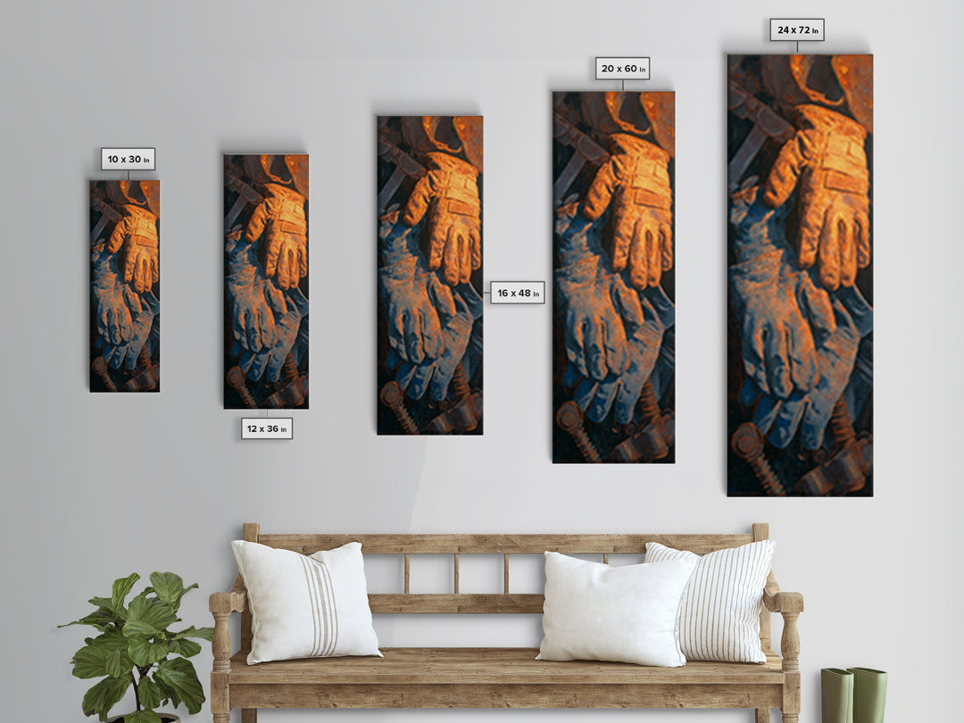 Worn Work Gloves and Bolts Arrangement Framed Canvas Print, Industrial Art, Fine Art Print, Living Room Decor, Oil Painting, IND-1x3-54
