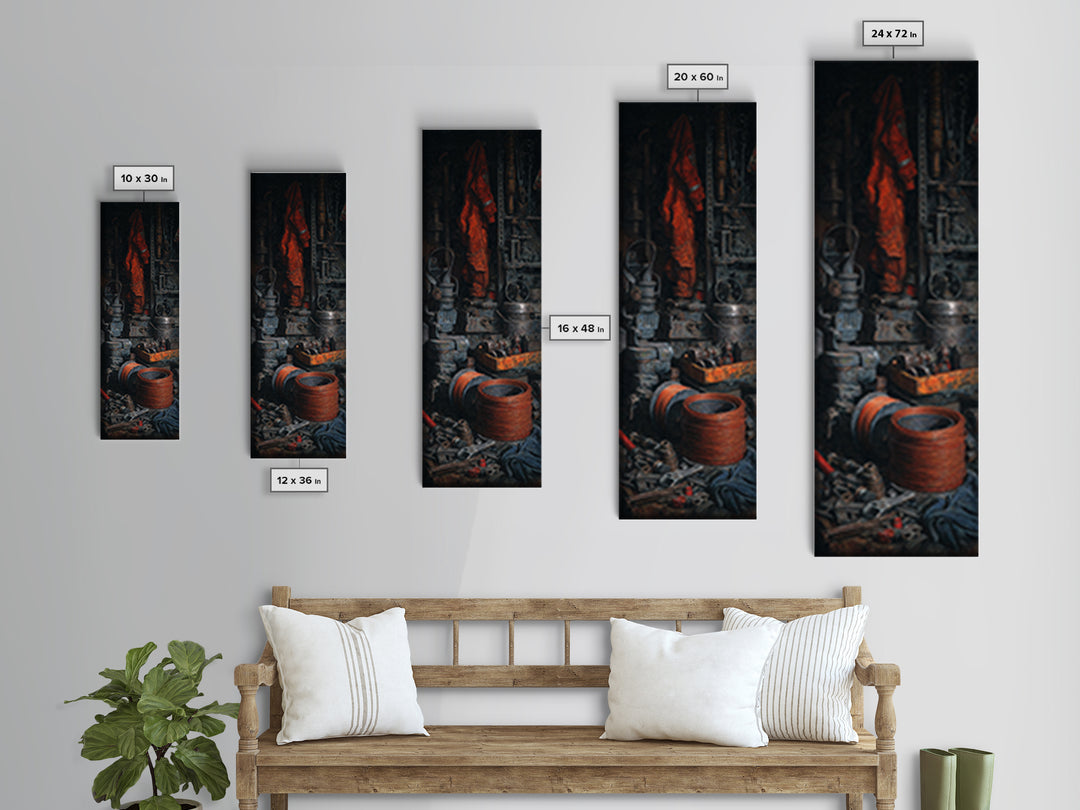Copper Wire Coil and Tools Composition Framed Canvas Print, Industrial Art, Gallery Decor, Living Room Decor, Fine Art, Foundry, IND-1x3-80