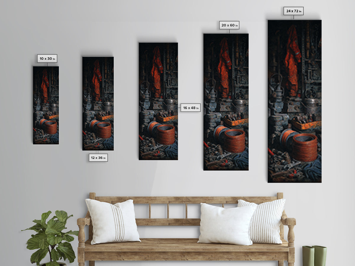Copper Wire Coil and Tools Composition Framed Canvas Print, Industrial Art, Gallery Decor, Living Room Decor, Fine Art, Foundry, IND-1x3-80