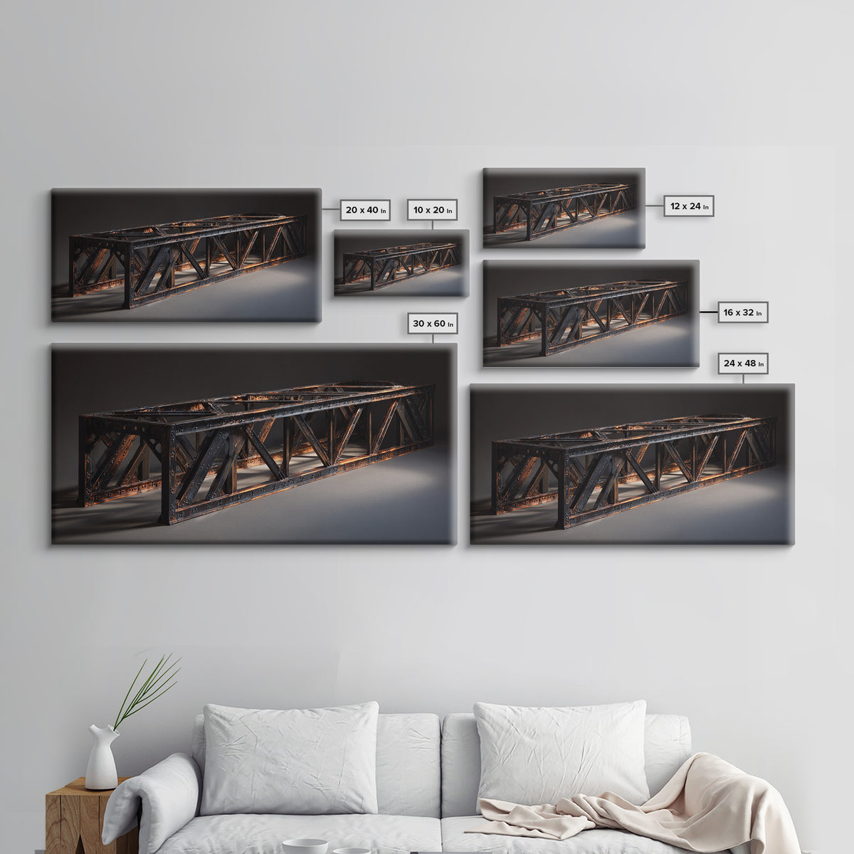 Steel Bridge Truss Framed Canvas Print, Industrial Art, Wall Hanging, Living Room Decor, Watercolor Art, Foundry, IND-2x1-23