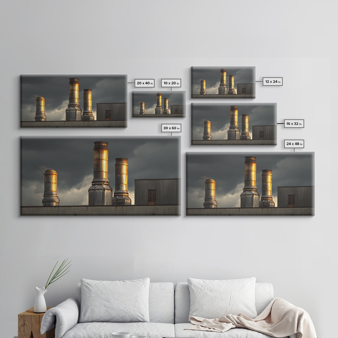 Factory Smokestacks with Moody Sky Canvas Print, Industrial Art, Abstract Art, Living Room Decor, Foundry, Bauhaus Poster, IND-2x1-31