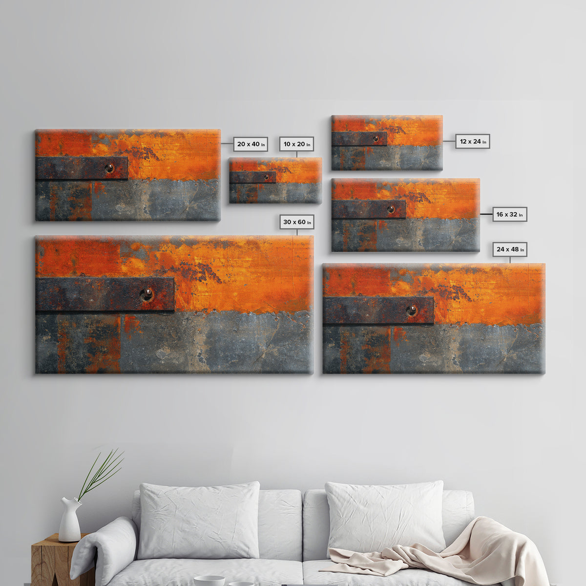 Rust Orange and Charcoal Geometric Abstraction Framed Canvas Print, Industrial Art, Living Room Decor, Abstract Art, Foundry, IND-2x1-34