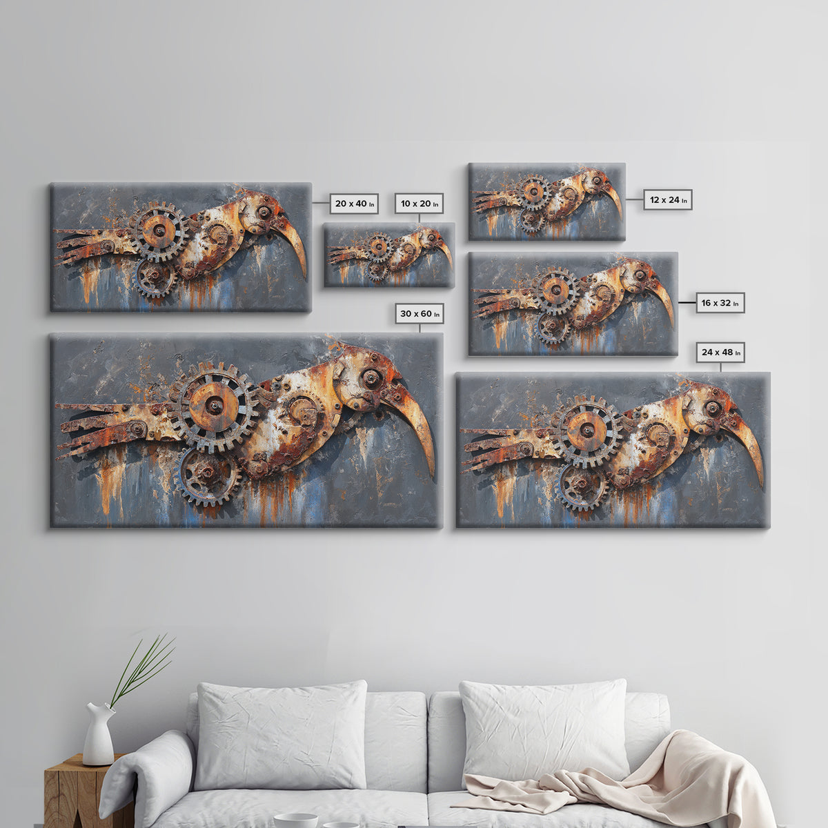 Mechanical Bird Made from Gears Canvas Print, Industrial Art, Original Painting, Living Room Decor, Oil Painting, Foundry, IND-2x1-39
