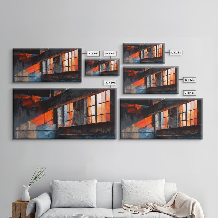 Old Factory Window Framed Canvas Print, Industrial Art, Art Prints, Living Room Decor, Fine Art, Foundry, Abstract Painting, IND-2x1-46