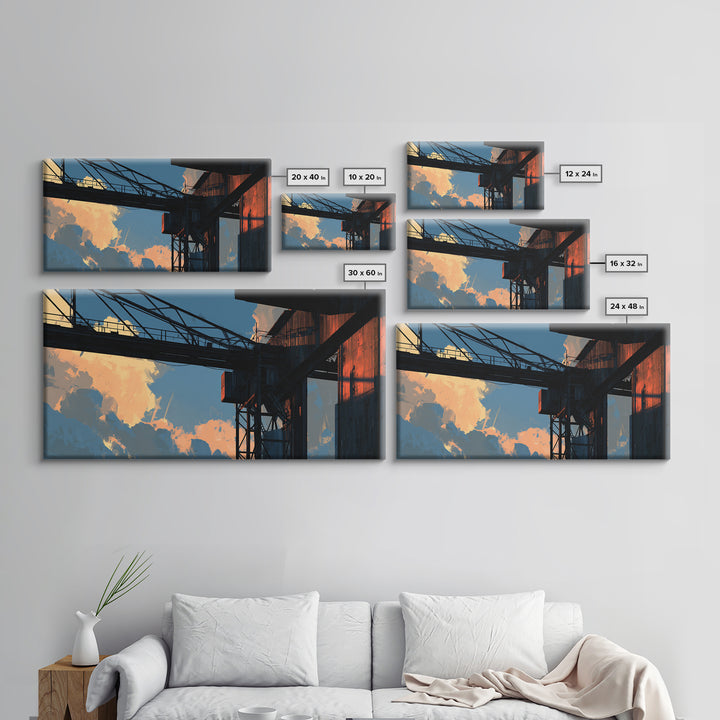 Warehouse Crane Silhouette Framed Canvas Print, Industrial Art, Metal Art, Living Room Decor, Watercolor Art, Foundry, IND-2x1-51