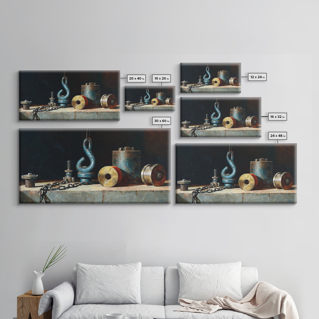 Chain and Hook Still Life Framed Canvas Print, Industrial Art, Art Print, Living Room Decor, Oil Painting, Foundry, Modern Art, IND-2x1-60