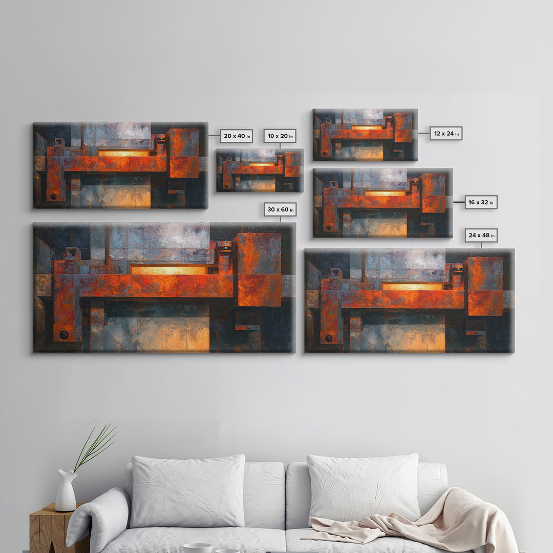 Rust Orange and Charcoal Geometric Abstraction Canvas Print, Industrial Art, Living Room Decor, Abstract Art, Foundry, IND-2x1-82
