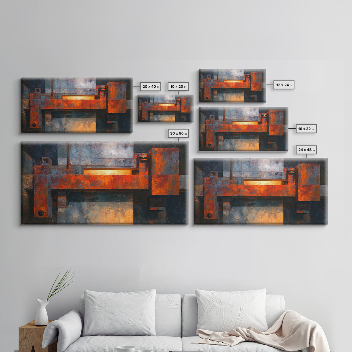 Rust Orange and Charcoal Geometric Abstraction Canvas Print, Industrial Art, Living Room Decor, Abstract Art, Foundry, IND-2x1-82
