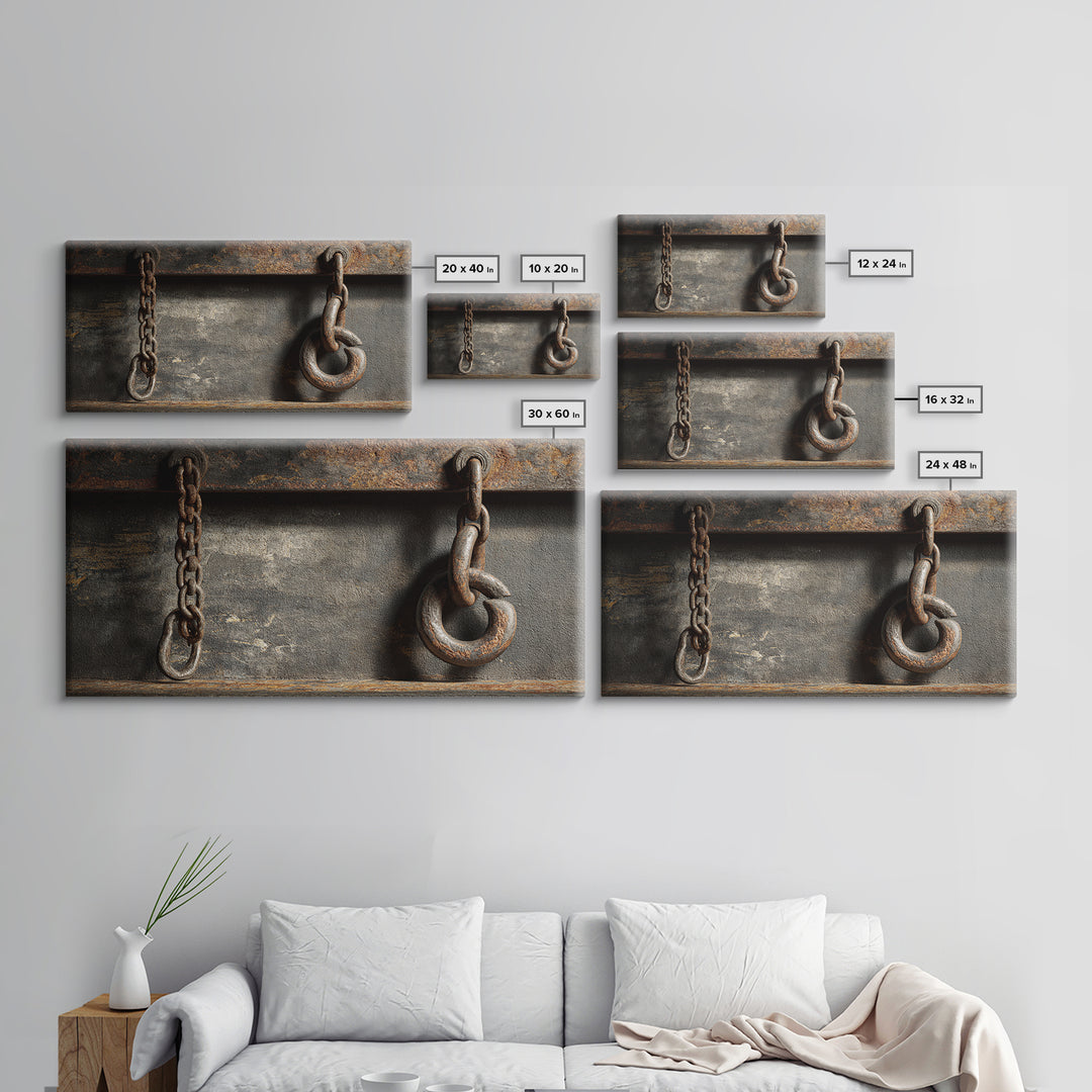 Chain and Hook Still Life Framed Canvas Print, Industrial Art, Abstract Painting, Living Room Decor, Fine Art, Foundry, IND-2x1-84