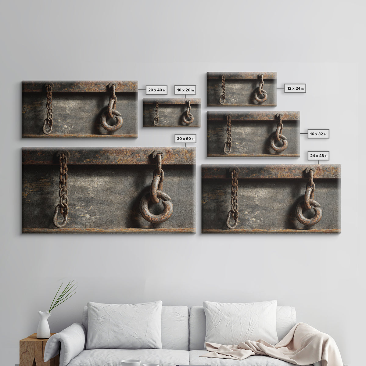 Chain and Hook Still Life Framed Canvas Print, Industrial Art, Abstract Painting, Living Room Decor, Fine Art, Foundry, IND-2x1-84