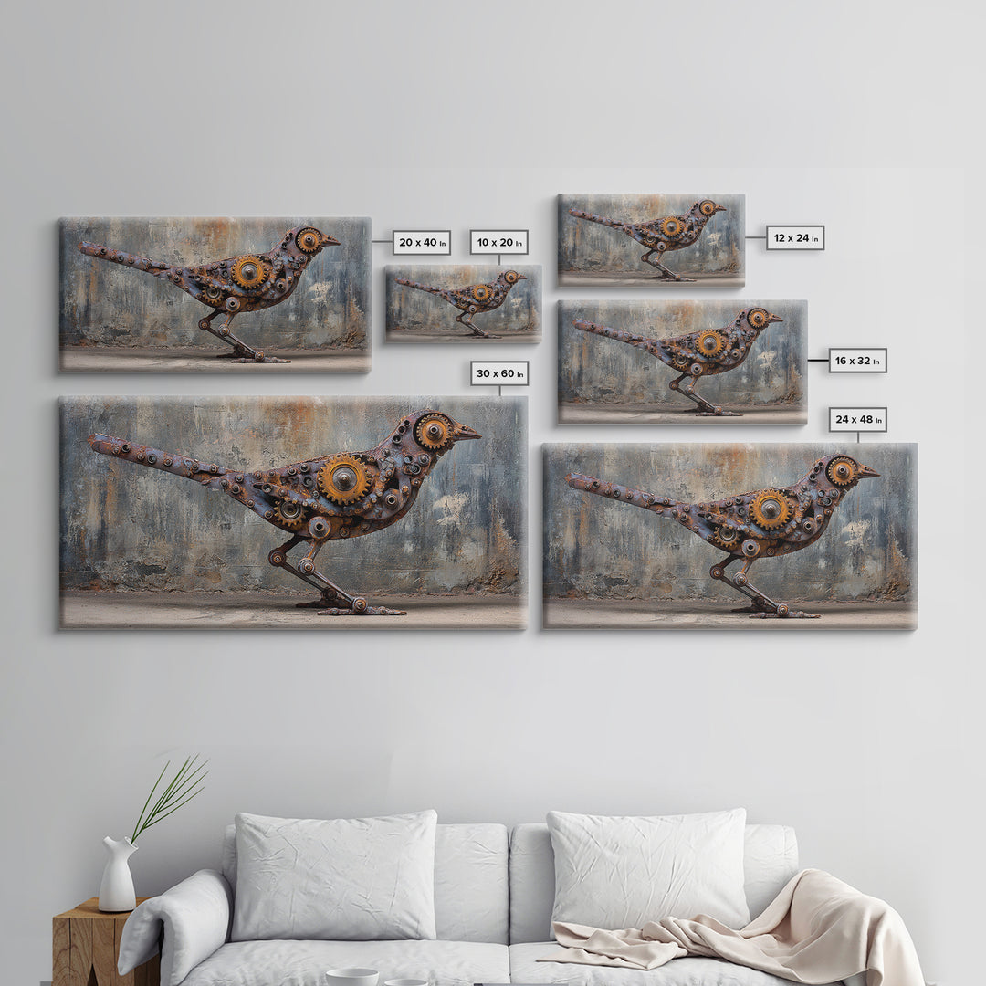 Mechanical Bird Made from Gears Framed Canvas Print, Industrial Art, Contemporary Art, Living Room Decor, Fine Art, Foundry, IND-2x1-87