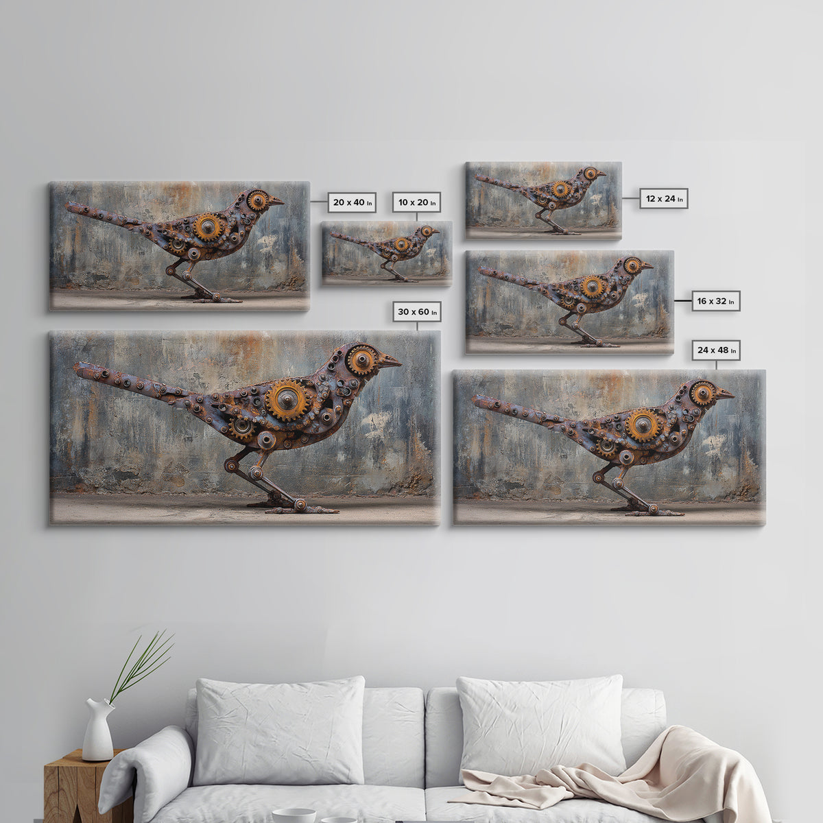 Mechanical Bird Made from Gears Framed Canvas Print, Industrial Art, Contemporary Art, Living Room Decor, Fine Art, Foundry, IND-2x1-87