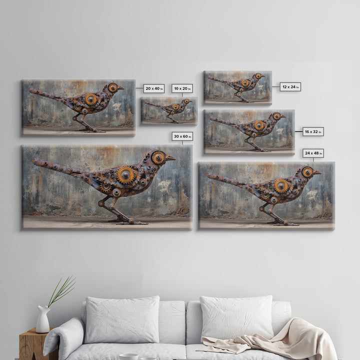 Mechanical Bird Made from Gears Framed Canvas Print, Industrial Art, Contemporary Art, Living Room Decor, Fine Art, Foundry, IND-2x1-87