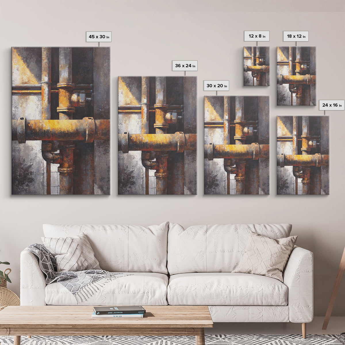 Metal Pipes and Valves as Graphic Composition Canvas Print, Industrial Art, Textured Painting, Living Room Decor, Foundry, IND-2x3-16