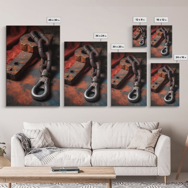 Chain and Hook Still Life Framed Canvas Print, Industrial Art, Minimalist Decor, Living Room Decor, Fine Art, Foundry, IND-2x3-24