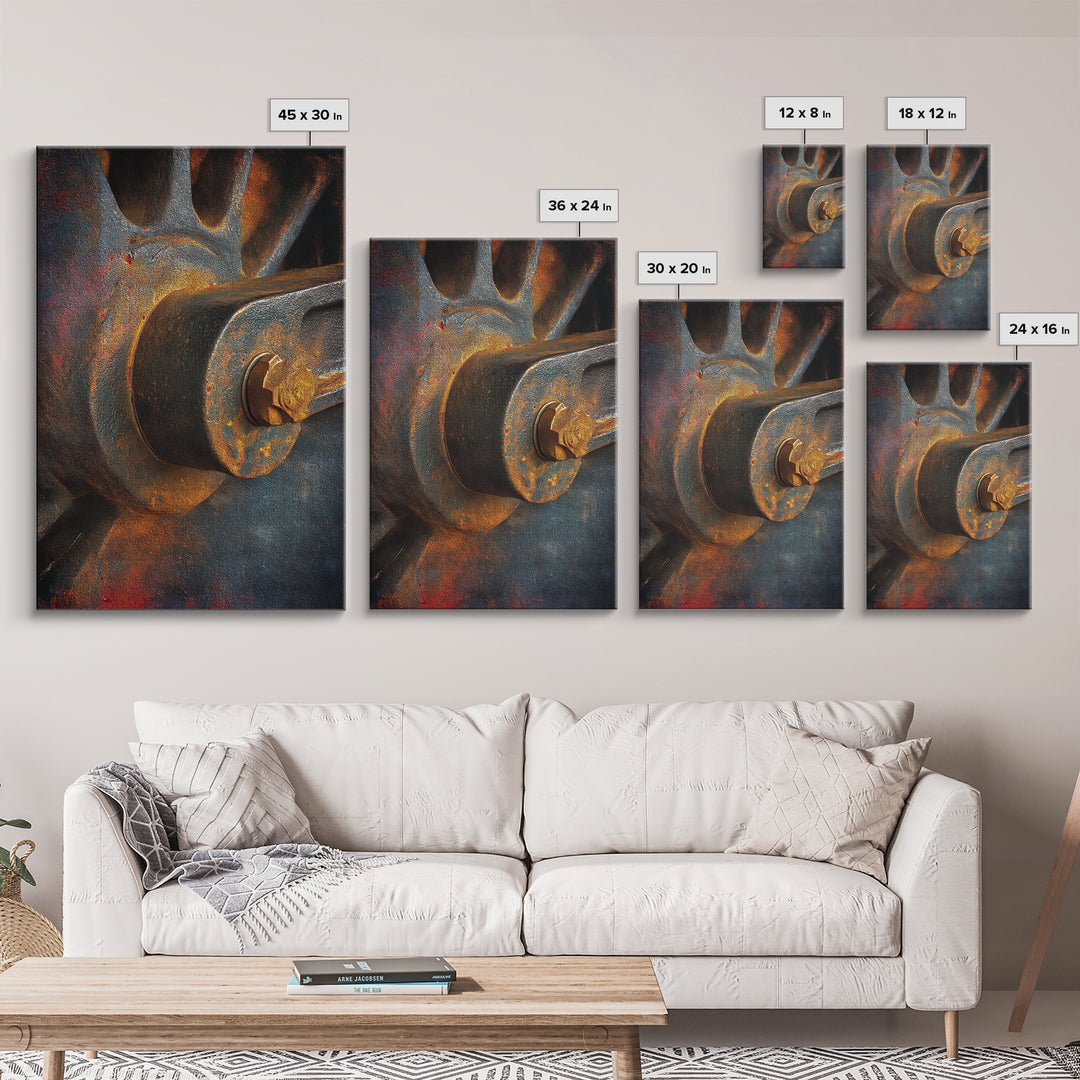 Steam Locomotive Wheel Closeup Framed Canvas Print, Industrial Art, Wall Hanging, Living Room Decor, Fine Art, Foundry, IND-2x3-38