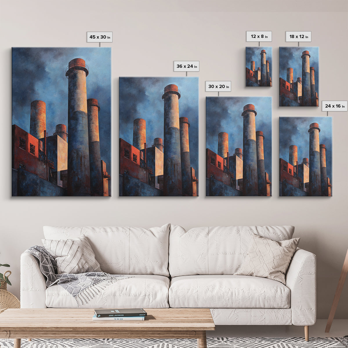 Factory Smokestacks with Moody Sky Framed Canvas Print, Industrial Art, Large Art, Living Room Decor, Fine Art, Foundry, IND-2x3-43