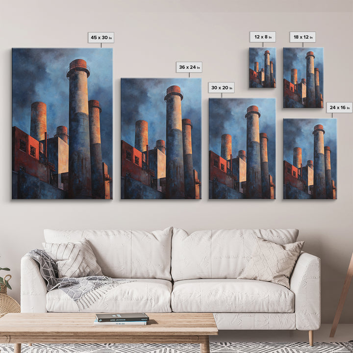 Factory Smokestacks with Moody Sky Framed Canvas Print, Industrial Art, Large Art, Living Room Decor, Fine Art, Foundry, IND-2x3-43