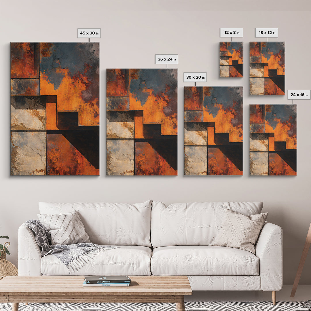 Rust Orange and Charcoal Geometric Abstraction Framed Canvas Print, Industrial Art, Art Print, Living Room Decor, Foundry, IND-2x3-46