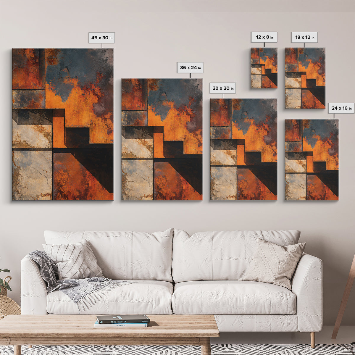 Rust Orange and Charcoal Geometric Abstraction Framed Canvas Print, Industrial Art, Art Print, Living Room Decor, Foundry, IND-2x3-46