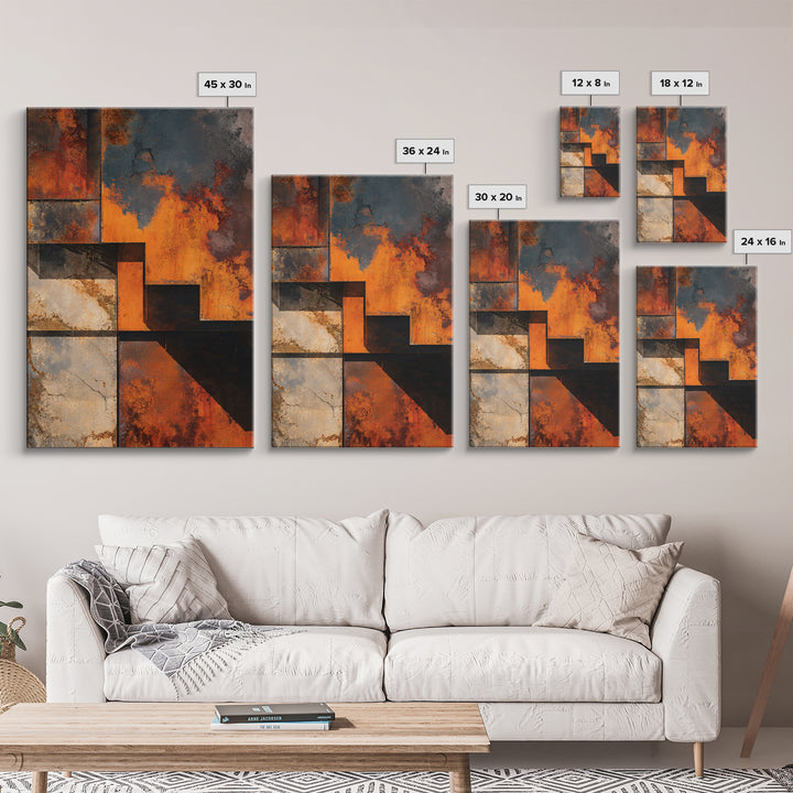 Rust Orange and Charcoal Geometric Abstraction Framed Canvas Print, Industrial Art, Art Print, Living Room Decor, Foundry, IND-2x3-46