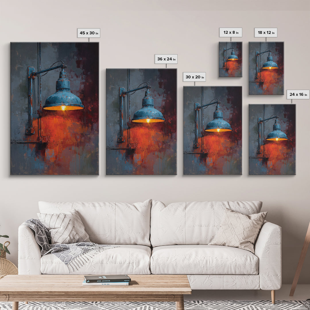 Industrial Lamp with Warm Glow Framed Canvas Print, Industrial Art, Abstract Painting, Living Room Decor, Fine Art, Foundry, IND-2x3-55