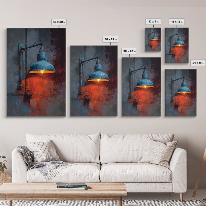 Industrial Lamp with Warm Glow Framed Canvas Print, Industrial Art, Abstract Painting, Living Room Decor, Fine Art, Foundry, IND-2x3-55