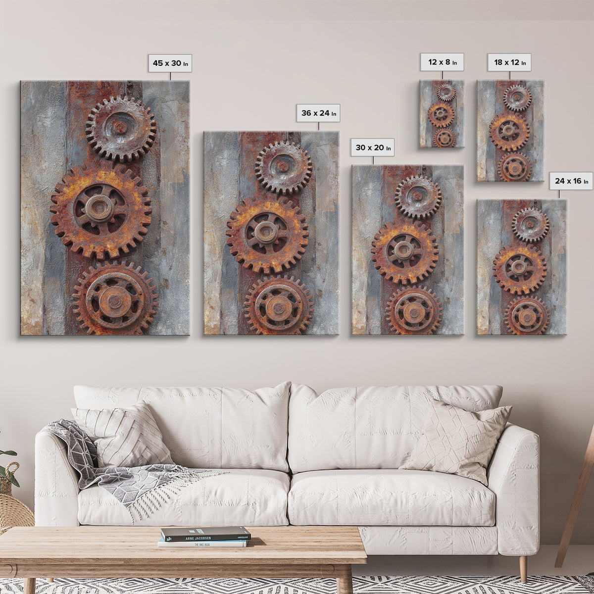 Rusted Gears Arranged as Sculptural Still Life Canvas Print, Industrial Art, Black and White Art, Living Room Decor, Foundry, IND-2x3-57