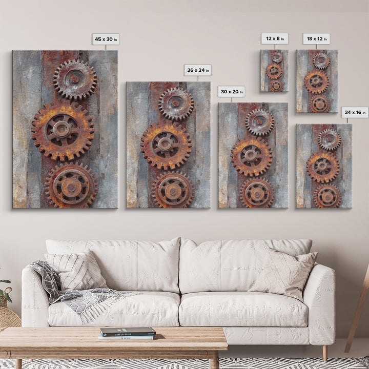 Rusted Gears Arranged as Sculptural Still Life Canvas Print, Industrial Art, Black and White Art, Living Room Decor, Foundry, IND-2x3-57