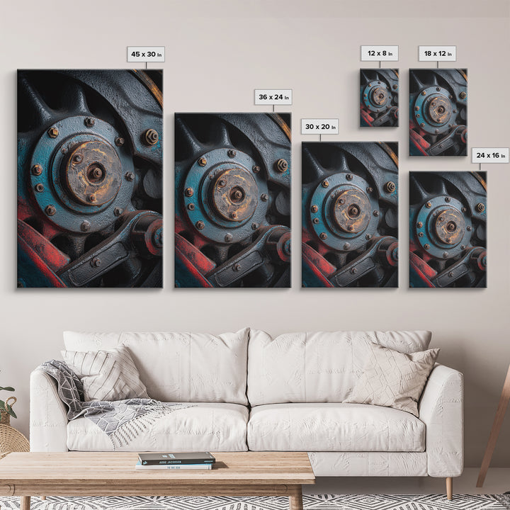 Steam Locomotive Wheel Closeup Canvas Print, Industrial Art, Black and White Wall Art, Living Room Decor, Abstract Art, Foundry, IND-2x3-62