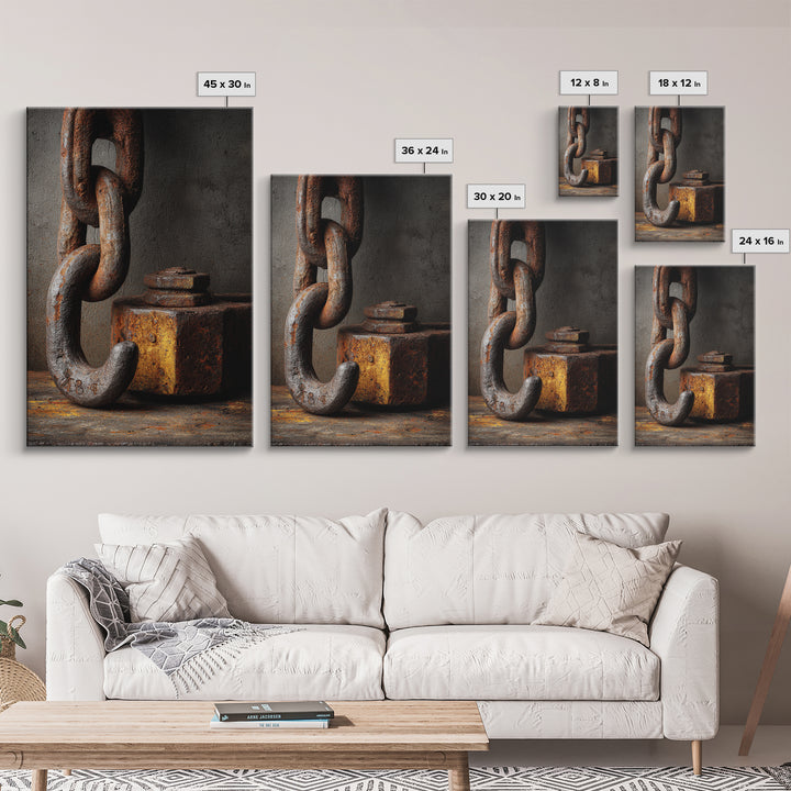 Chain and Hook Still Life Canvas Print, Industrial Art, Abstract Wall Art, Living Room Decor, Oil Painting, Foundry, IND-2x3-72