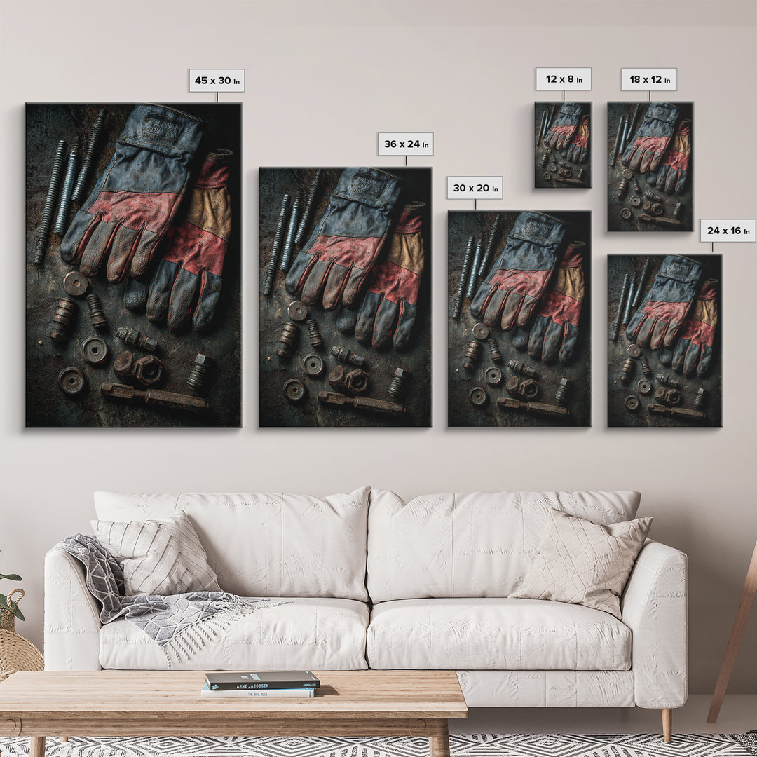 Worn Work Gloves and Bolts Arrangement Canvas Print, Industrial Art, Textured Wall Art, Living Room Decor, Foundry, IND-2x3-74