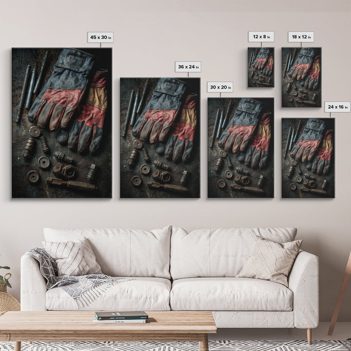 Worn Work Gloves and Bolts Arrangement Canvas Print, Industrial Art, Textured Wall Art, Living Room Decor, Foundry, IND-2x3-74
