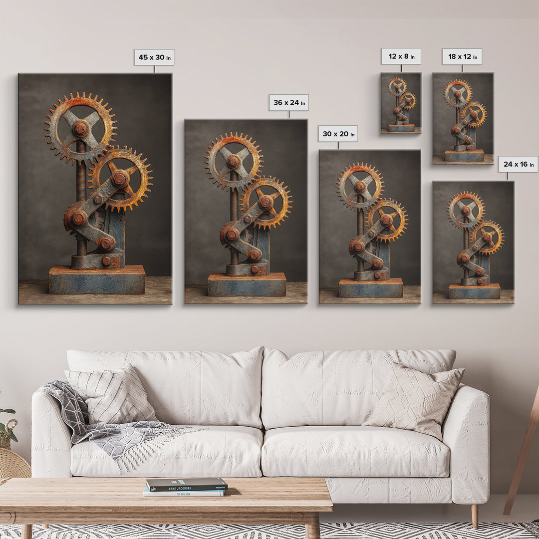 Rusted Gears Arranged as Sculptural Still Life Canvas Print, Industrial Art, Black and White Art, Living Room Decor, Foundry, IND-2x3-81