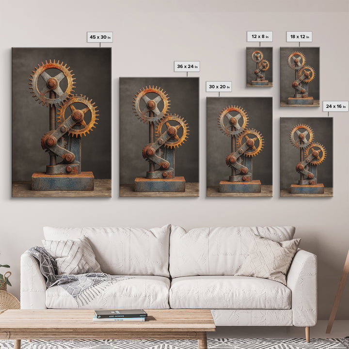 Rusted Gears Arranged as Sculptural Still Life Canvas Print, Industrial Art, Black and White Art, Living Room Decor, Foundry, IND-2x3-81