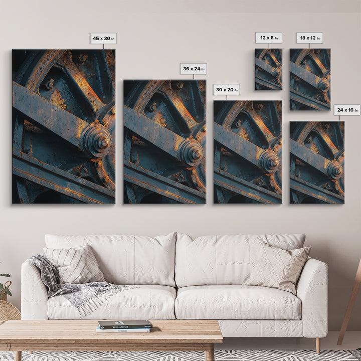 Steam Locomotive Wheel Closeup Canvas Print, Industrial Art, Black and White Wall Art, Living Room Decor, Abstract Art, Foundry, IND-2x3-86