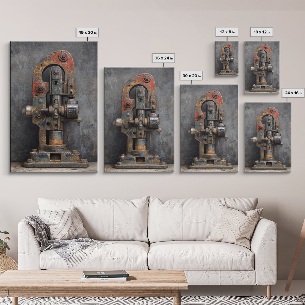 Brass Gauge and Machinery Still Life Framed Canvas Print, Industrial Art, Bauhaus Poster, Living Room Decor, Fine Art, Foundry, IND-2x3-93