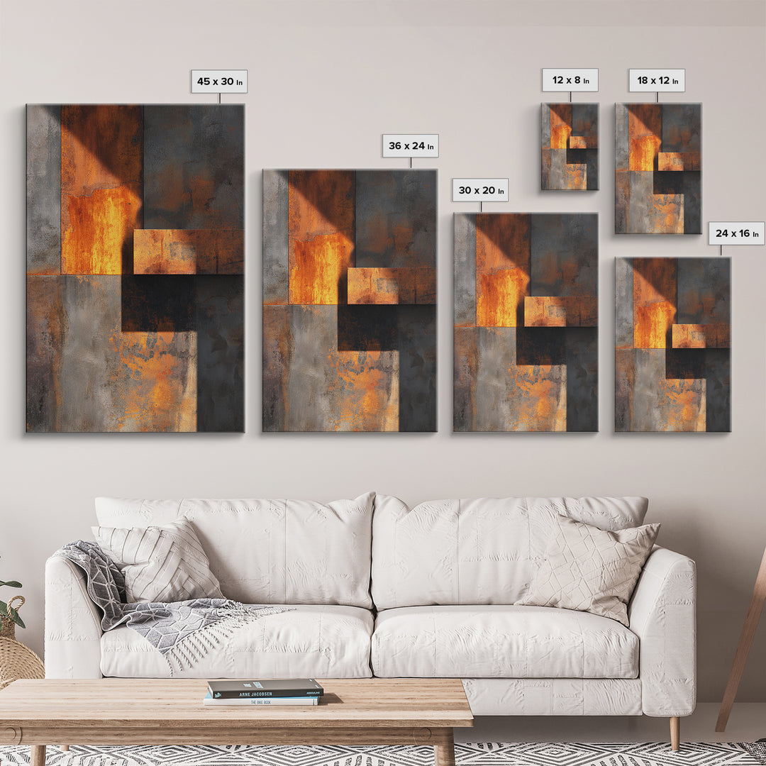 Rust Orange and Charcoal Geometric Abstraction Canvas Print, Industrial Art, Abstract Painting, Living Room Decor, Foundry, IND-2x3-94