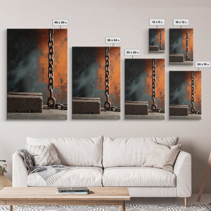 Chain and Hook Still Life Canvas Print, Industrial Art, Black and White Print, Living Room Decor, Fine Art, Foundry, IND-2x3-96