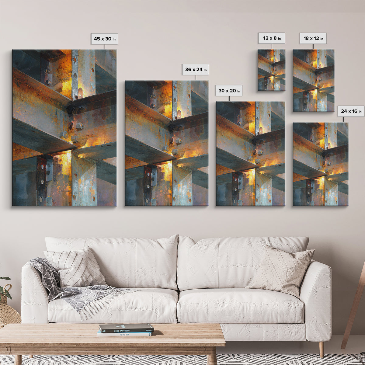 Steel Beams Crossing Like Abstract Lines Framed Canvas Print, Industrial Art, Living Room Decor, Abstract Art, Foundry, IND-2x3-97